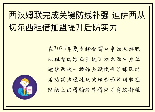 西汉姆联完成关键防线补强 迪萨西从切尔西租借加盟提升后防实力 西汉姆联完成关键防线补强 迪萨西从切尔西租借加盟提升后防实力