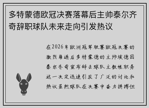 多特蒙德欧冠决赛落幕后主帅泰尔齐奇辞职球队未来走向引发热议 多特蒙德欧冠决赛落幕后主帅泰尔齐奇辞职球队未来走向引发热议