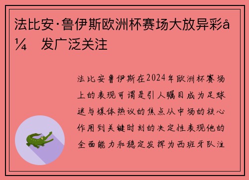 法比安·鲁伊斯欧洲杯赛场大放异彩引发广泛关注